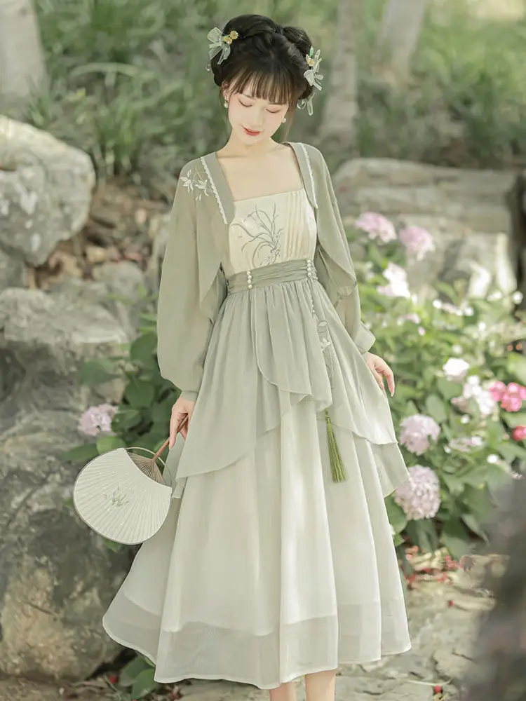 Conjunto de vestido tradicional chinês hanfu para meninas, manga comprida, feericamente retrô, melhorado, primavera, outono, 2023