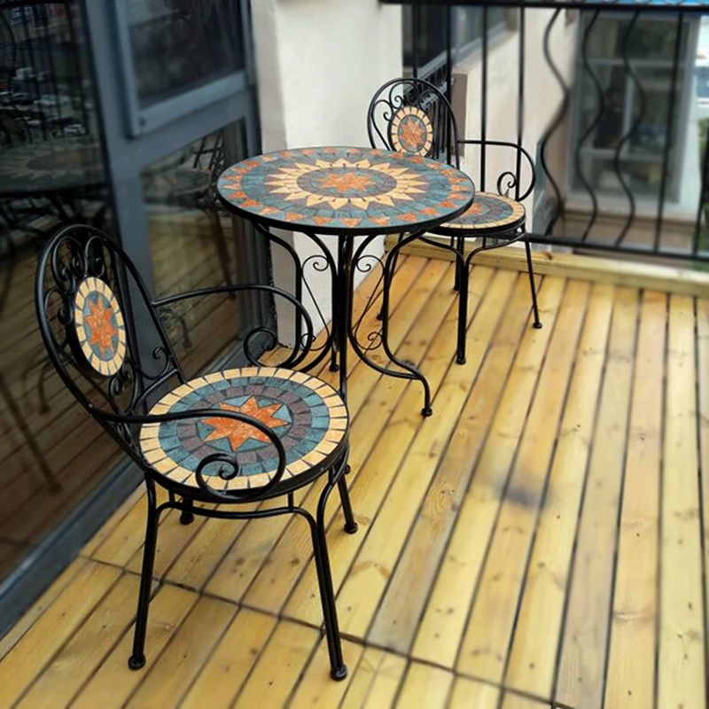 

European wrought iron leisure balcony table and chairs courtyard outdoor mosaic one table and two chairs