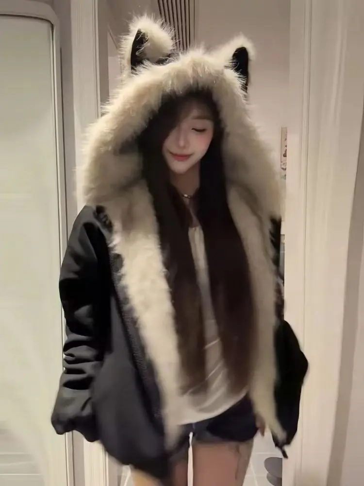 

Y2k американские винтажные парки с капюшоном и длинными рукавами, женские повседневные парки с воротником из искусственного меха, уличная стеганая куртка, элегантная осень 2023 г.