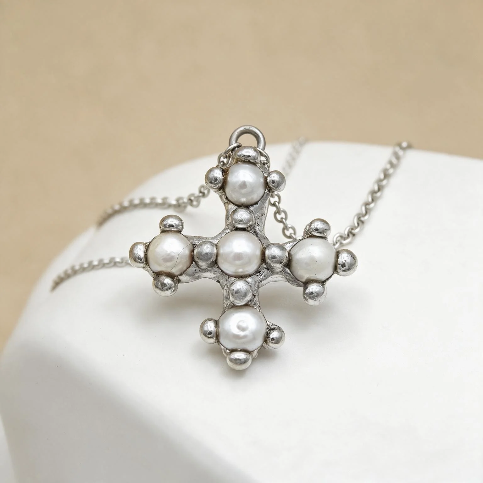 40mm Cross Shaped Freshwater Pearl Pendant, Handmade Soldered Metal Cross Charm, Natural Pearl Necklace Pendant, Vintage Gothic