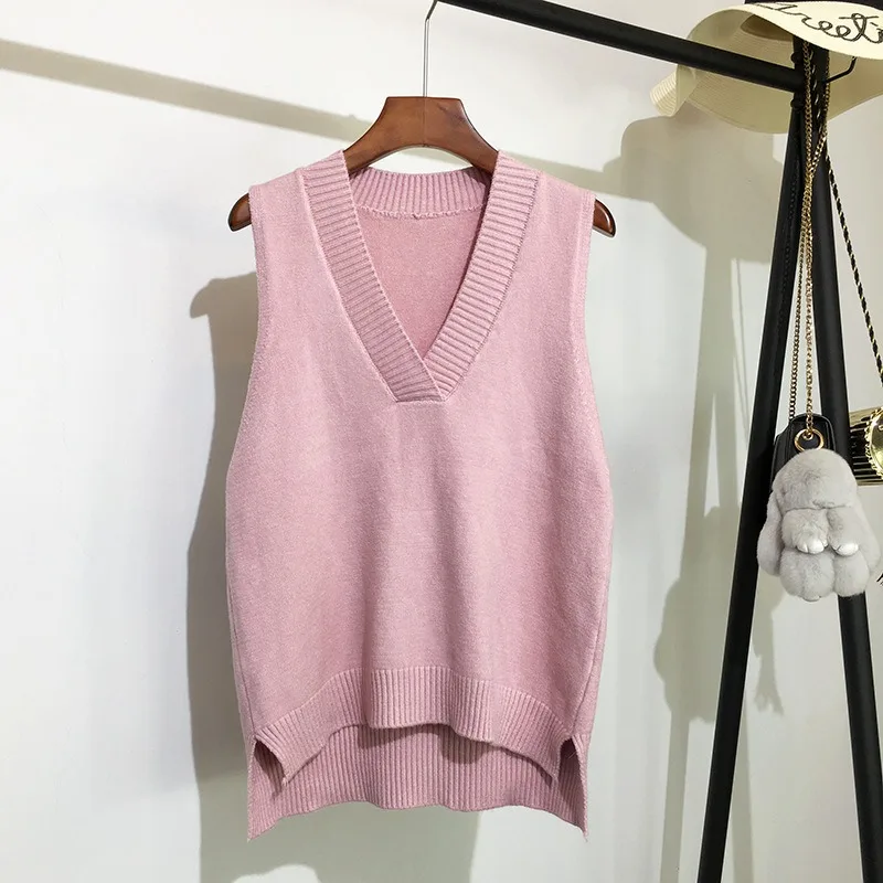 Sweater Vest Women Loose Fit Chic Popular Solid Side-slit All-match Ulzzang Harajuku Classic Prevalent V-neck Knitted Spring