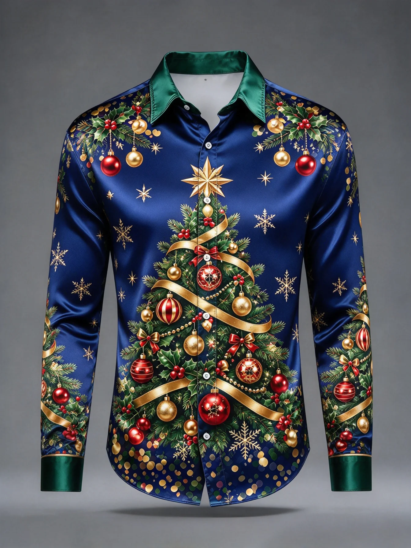 Men Satin Long Sleeve Lapel Shirt Christmas Tree Bauble Snowflake Print Button Up Shirt Holiday Party Red Slim Tops