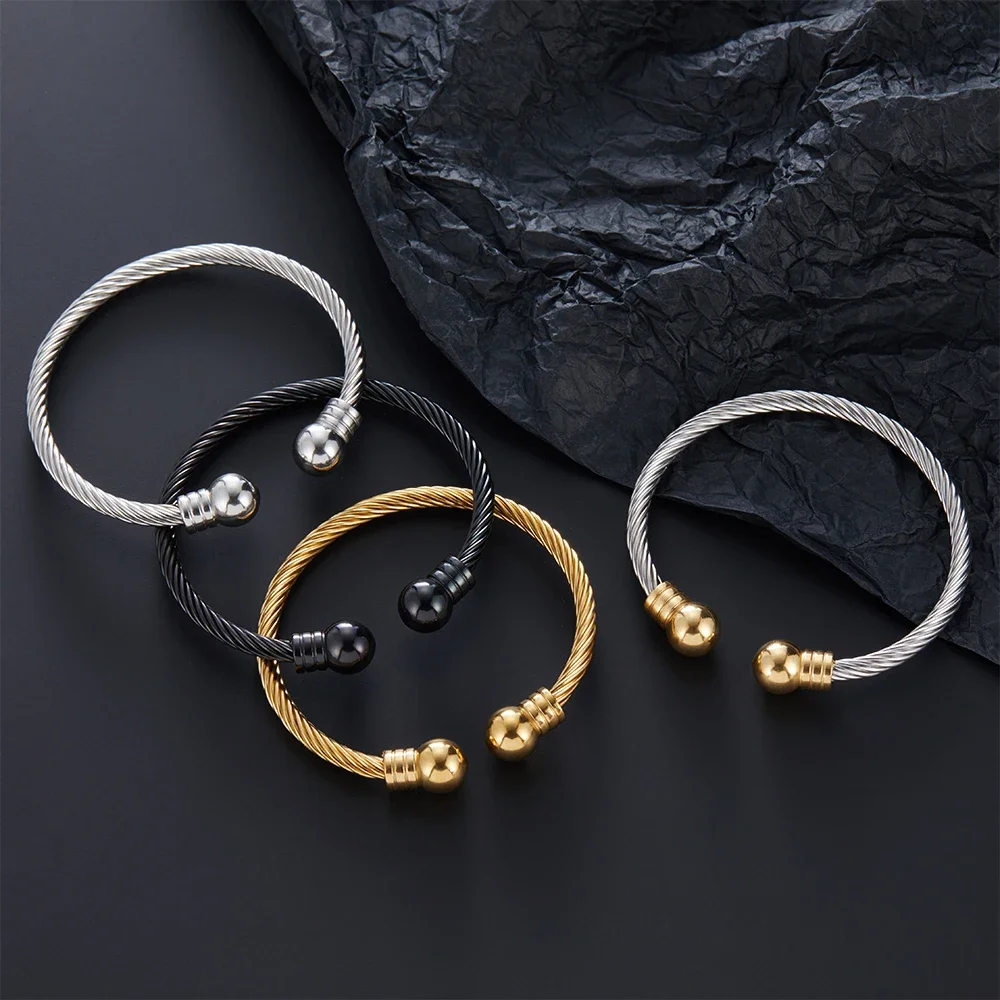 316L Stainless Steel Charm Ball Open Cuff Bangle Women Bracelet Stainless Steel Gold Color Wire Rope Women Bangle FashionJewelry