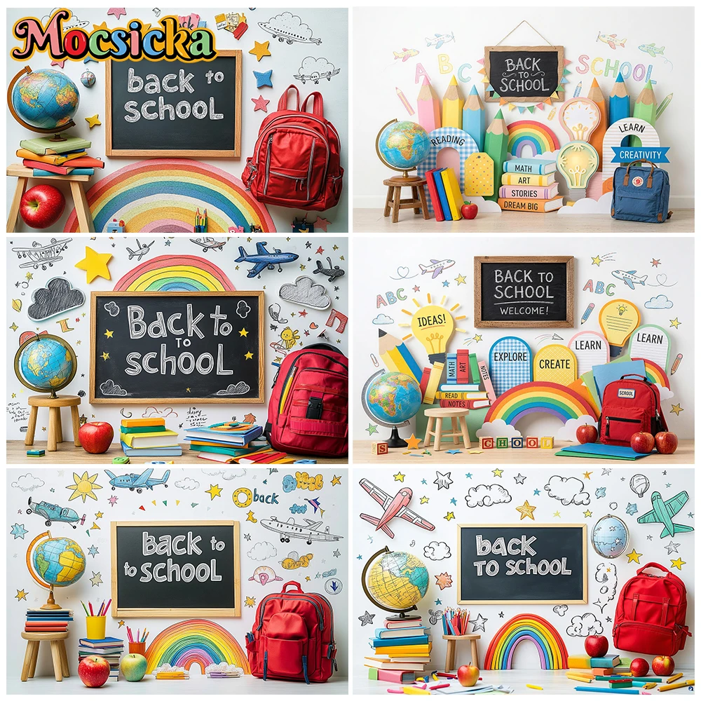 

Mocsicka Back To School Photography Background Rainbow Blackboard Backpack Decors Student Portrait Backdrops Photo Studio Poster