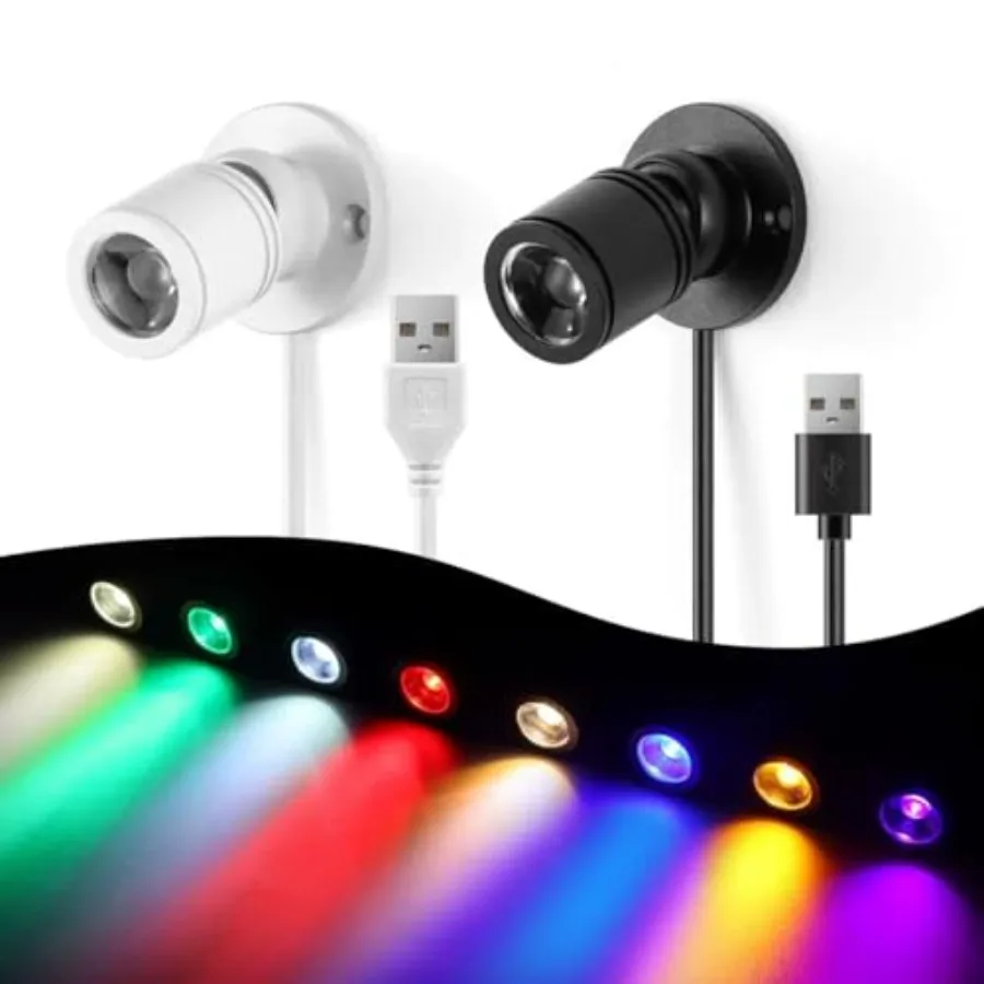 USB Powered Mini Spotlights for Displays 2-Pack 5V Small LED Spot Lights Indoor, 7 Color Options, Compact USB Spotlight for Dis