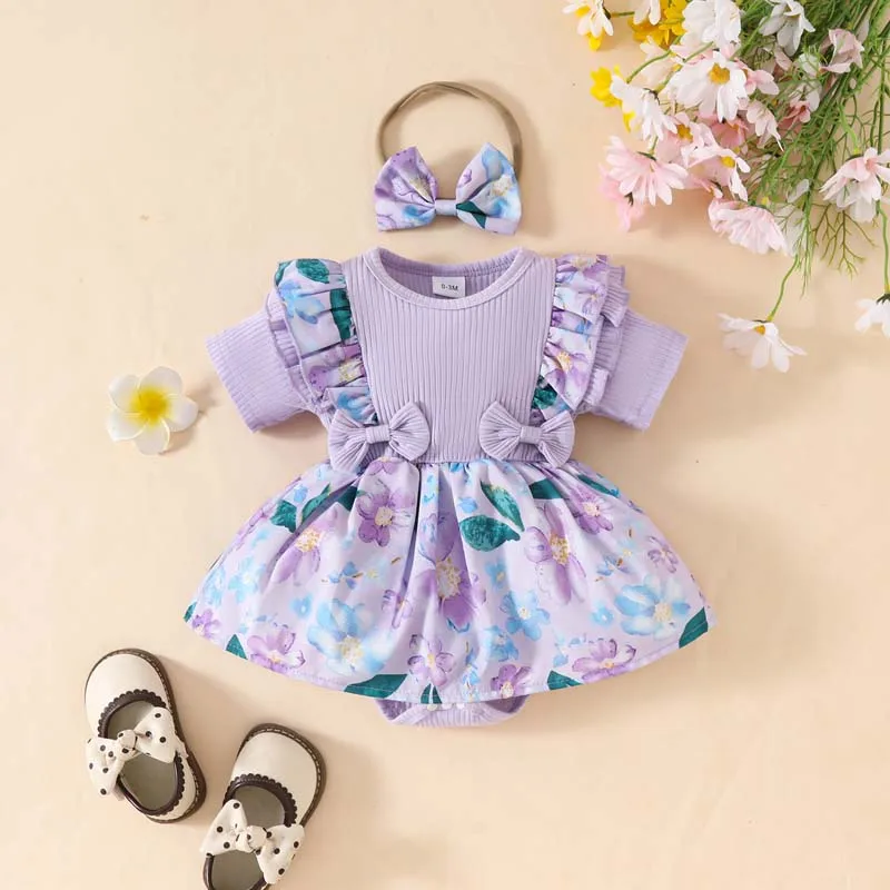 

Baby Clothing Girl Dresses Onesies 0-18Months Purple Short Sleeve Pit Stripe Bodysuit Printed Dress Hem Hairband Summer Outfits