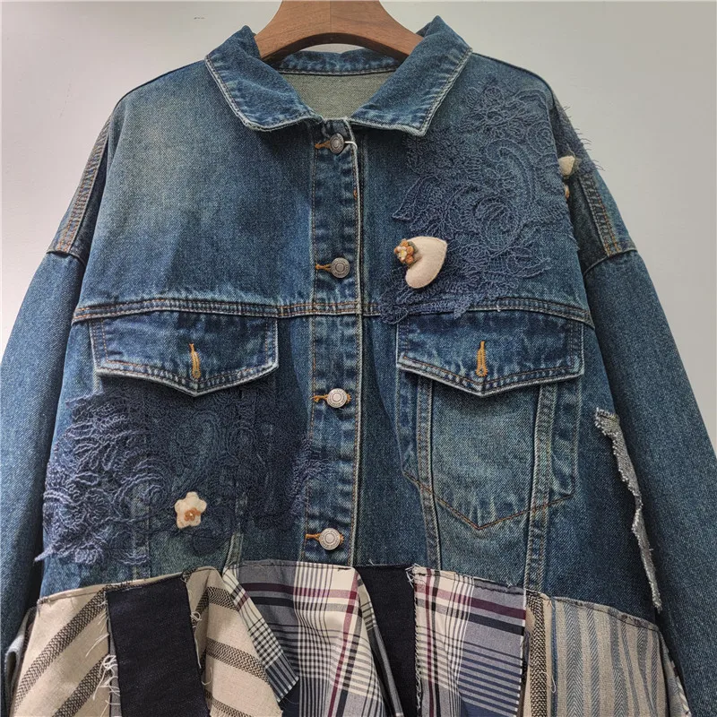 2025 가을 빈티지 디스트레스드 데님 코트 여성용 불규칙한 체크 패치워크 라펠 긴 소매 아우터웨어