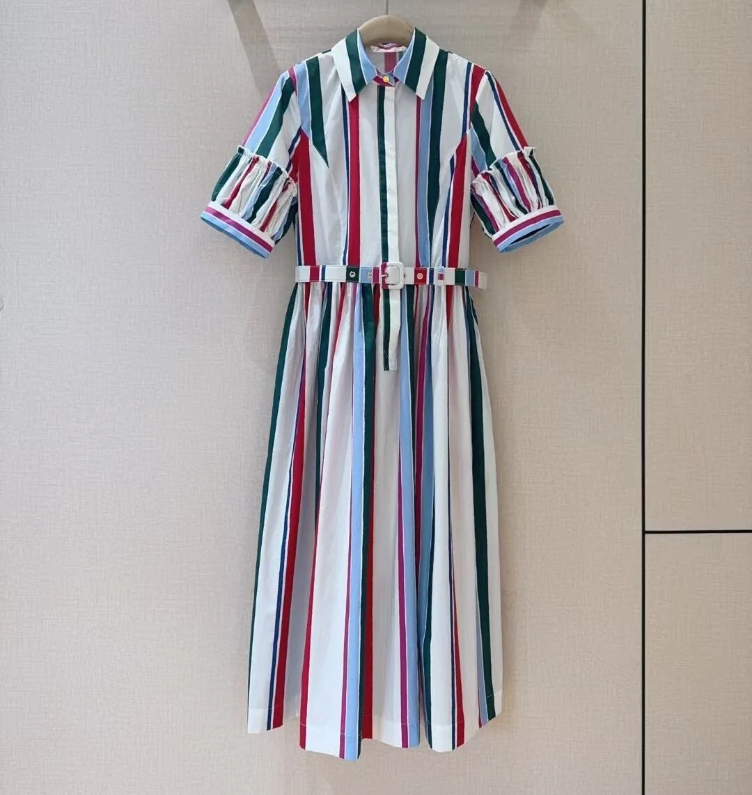 100%Cotton Dress 2025 Summer Style Lady Turn-down Collar Colorful Striped Print Belts Short Sleeve Mid-Calf Long Shirt Dress