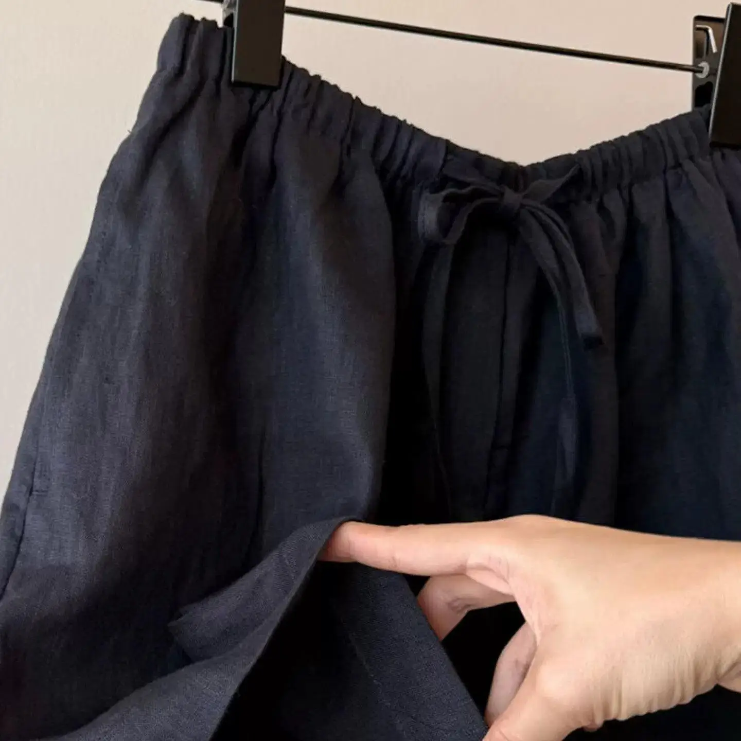 Casual Cotton Linen Short Pants Women's Elastic Waist Belt Fashionable Summer New All-match Commuting Dark Blue Five-Point Pants