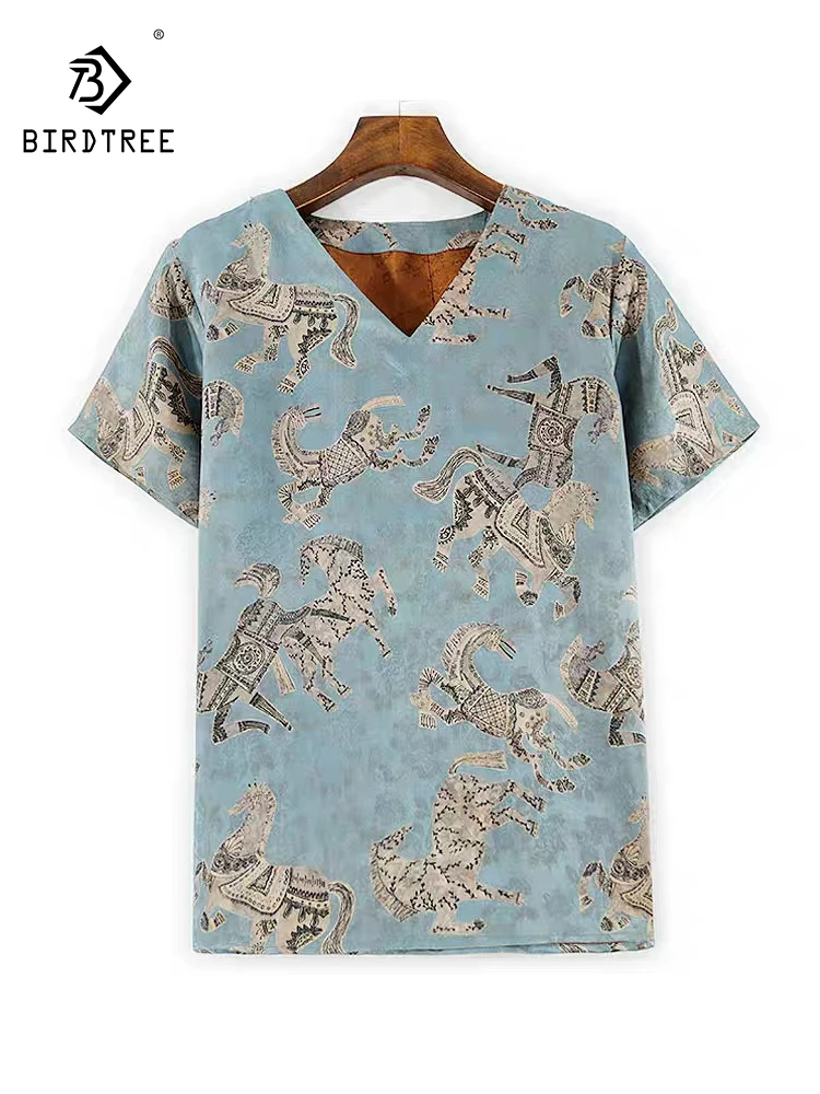 BirdTree-35MM الحرير سقي الشاش أنيقة تي شيرت، المرأة قصيرة الأكمام الجاكار، أزياء تخفيف بلوزة فضفاضة، 2025 الخريف T5O617CC