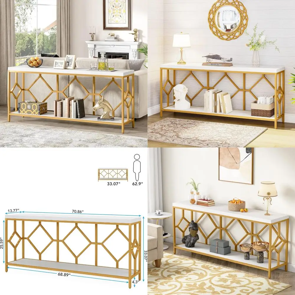 وحدة تحكم طاولة أريكة طويلة جدًا مقاس 71 بوصة مع رف تخزين مفتوح لخلف الأريكة، تصميم ضيق