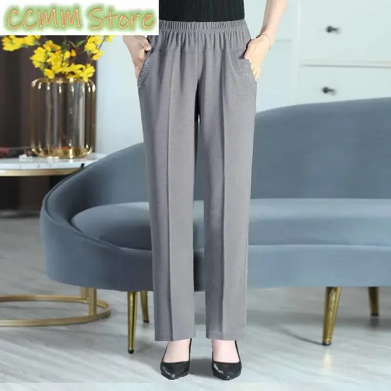 

New Summer Ice Silk Mid Aged Casual Pants Women's Elastic High Waist Solid Print Pocket Korean Versatile Slim Straight Trousers