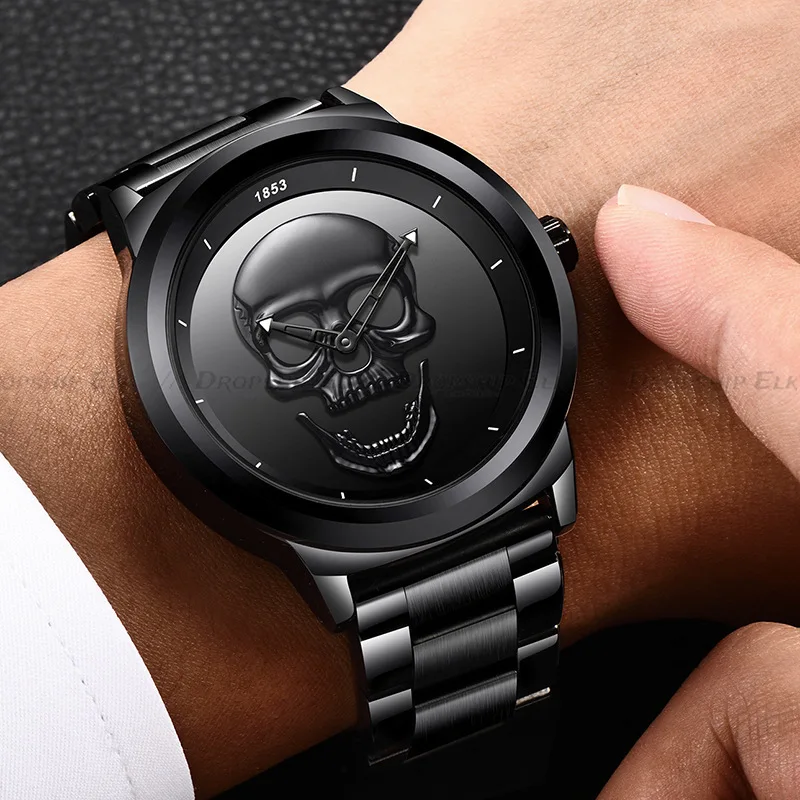 Men's Quartz Watch, Black and Gold Dial, 3D Skull Head Pattern, Stainless Steel, Steampunk Rock Engraved, Men's Watch