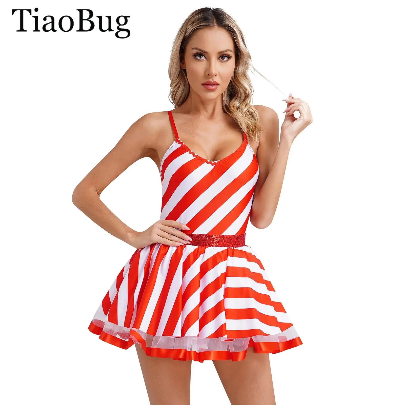 

Women Santa Claus Christmas Candy Cane Dress Sleeveless Sequin Striped Leotard Tutu Dress Ballet Figure Skating Bodysuit Costume