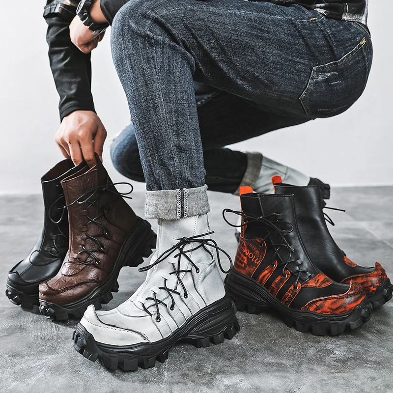 Luxury Platform Cowboy Boots Motorcycle Snow Genuine Leather Ankle Boots Men Women Skull Punk Cowboy Boots Western Hiking Shoes