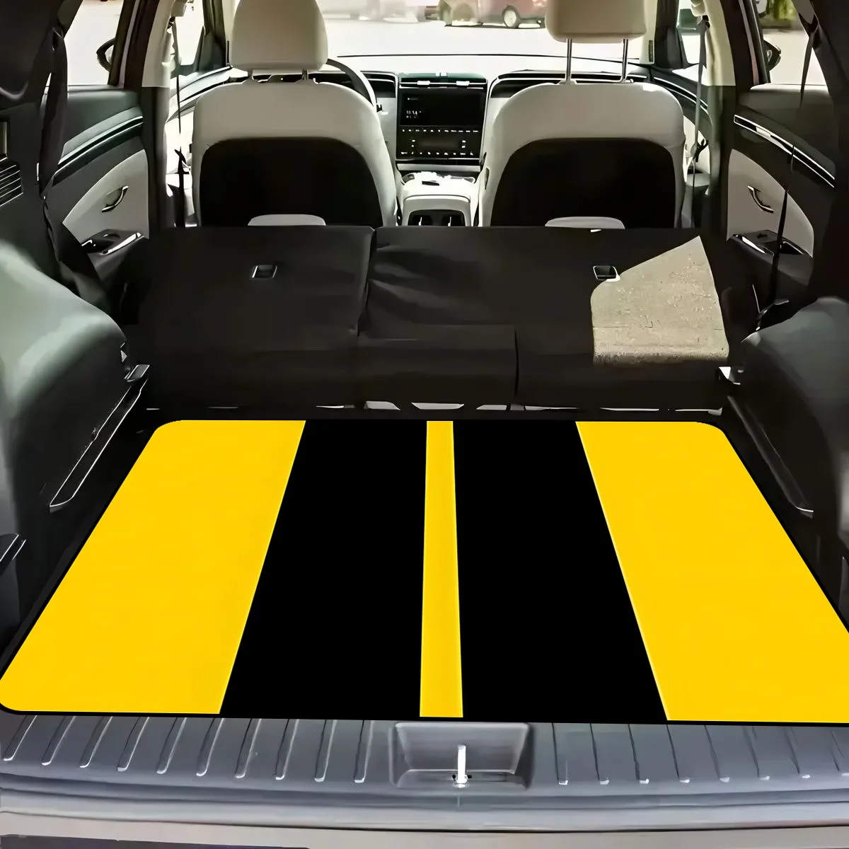 1Pc, Non-Slip Stylish Car Trunk Mat, Black Striped Design with Yellow Background Pattern - Durable Polyester Material, Keeps the Trunk Dry and Tidy, Adds Personality to Your Car Interior, Car Trunk Protection Mat, Perfect for Storage and Decoration.
