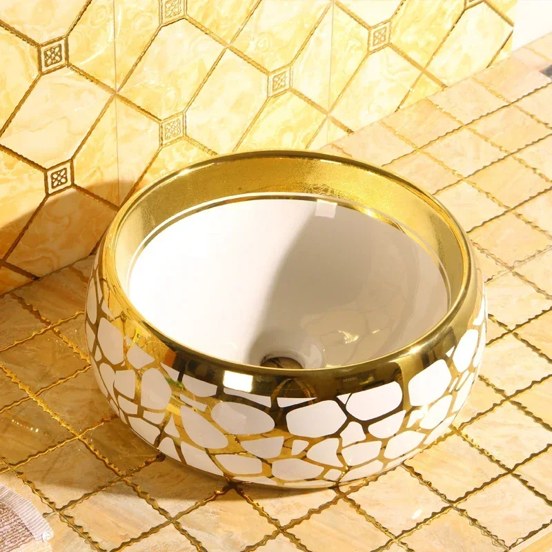Lavabo da tavolo in oro in stile europeo, lavabo in ceramica artistica, lavabo da tavolo rettangolare in oro per uso domestico