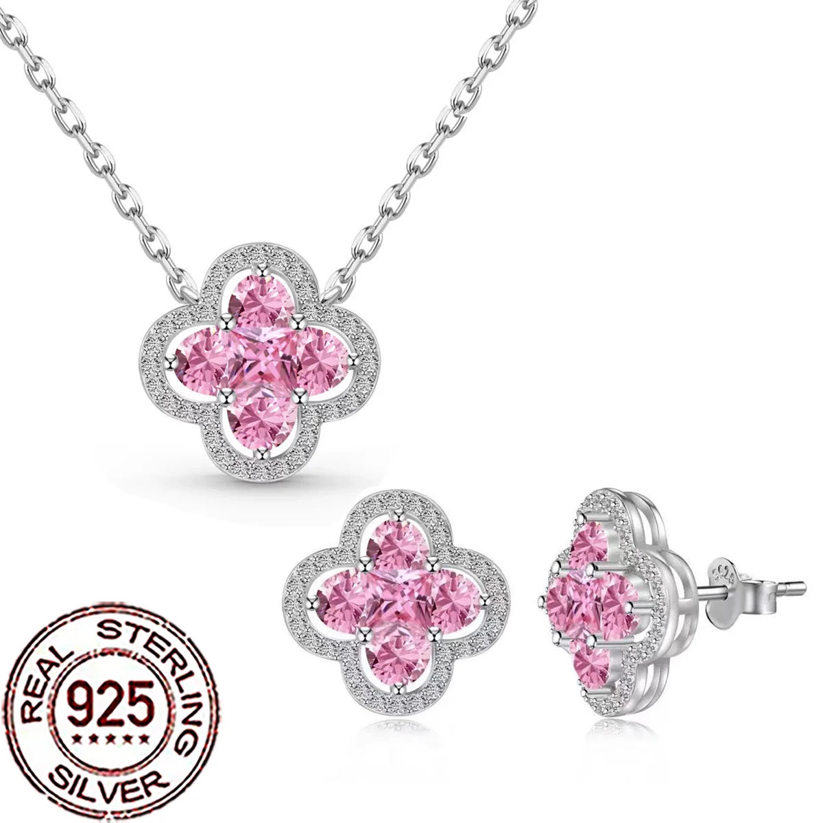 

CWWZircons 925 Sterling Silver Luxury Pink Cubic Zirconia Big Flower Necklace Earring Sets for Women Wedding Party Jewelry ST052