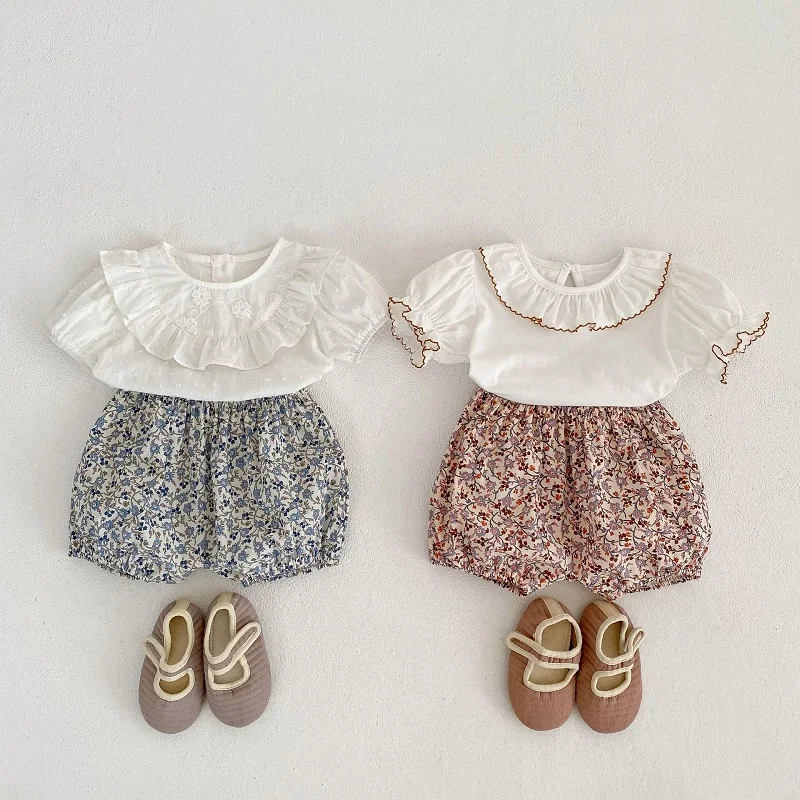 

Summer baby clothes fashion girls versatile cotton short-sleeved baby shirt+floral shorts two-piece baby girl suit