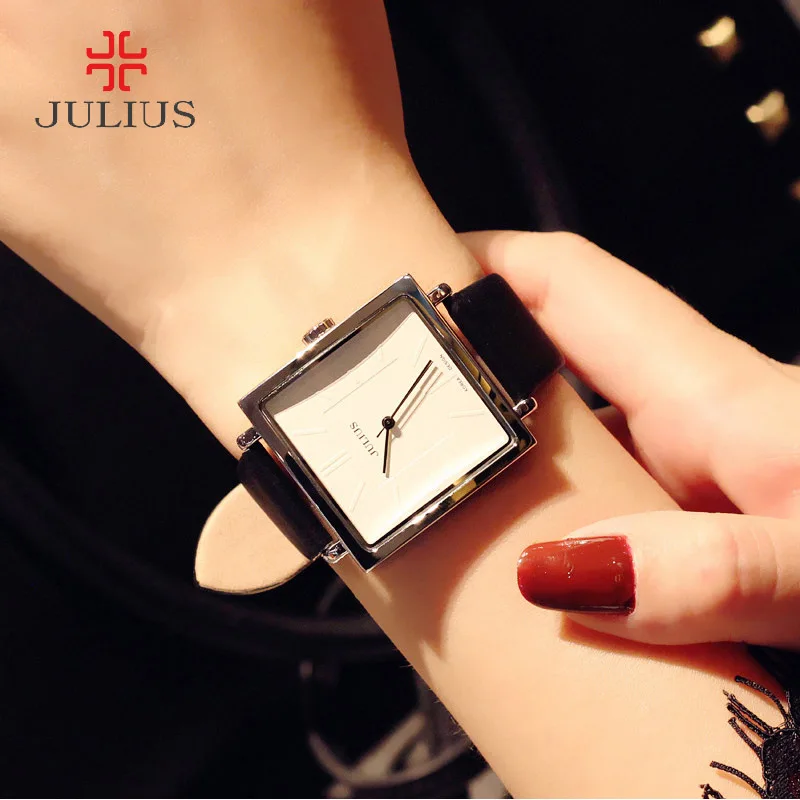 Top Julius – montre en Nylon pour femmes, élégante, Simple, carrée, à la mode, en cuir véritable, cadeau d\'anniversaire pour filles, sans boîte