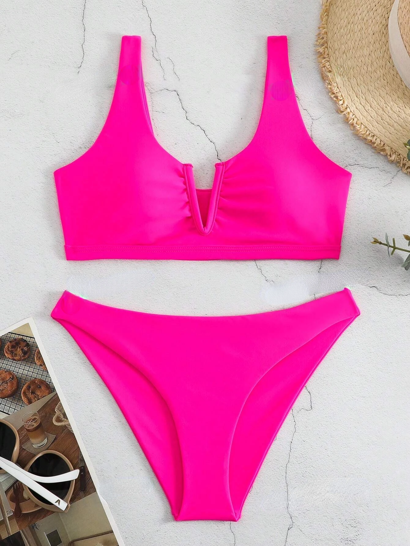 Swim Basics Summer Beach Plain V Neck Bikini Set
