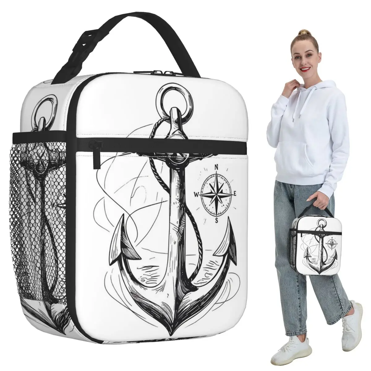 Anchor And Compass Maritime Insulated Lunch Bag for Women Office Cooler Thermal Food Box Tote Leakproof Lunch Boxes Container