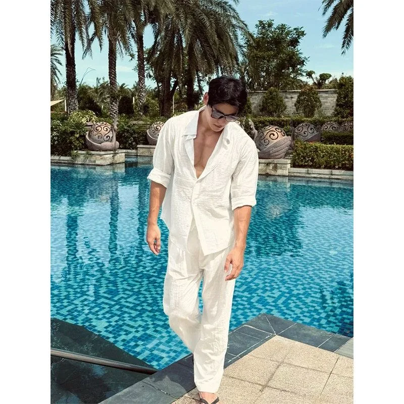 

White Linen Silk Men's Shirt Autumn Minimalist High-End Sun Protection Outerwear Casual Sportswear Set Youth Summer Long Sleeve