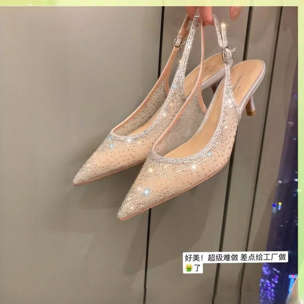 

2026 New Style Starry Sky~pointed Mesh Water Diamond Rear Air High Heel Sandals Women's Evening Shoes Wedding Shoes Bridesmaids