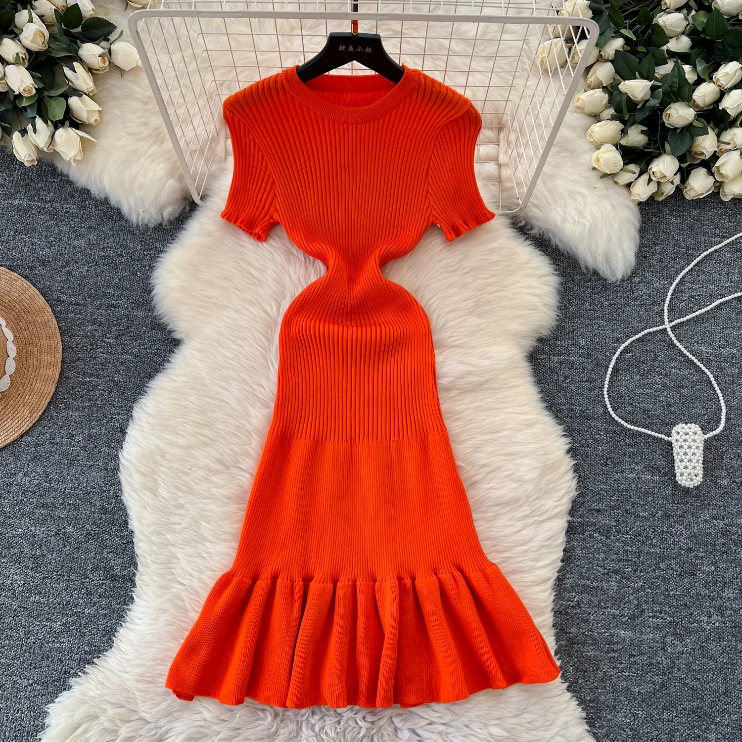 Chic O-neck Vintage Short Sleeve Elegant Ruffles Slim A-line Knitted Dresses Korean Fashion Evening High Street Autumn Clothing