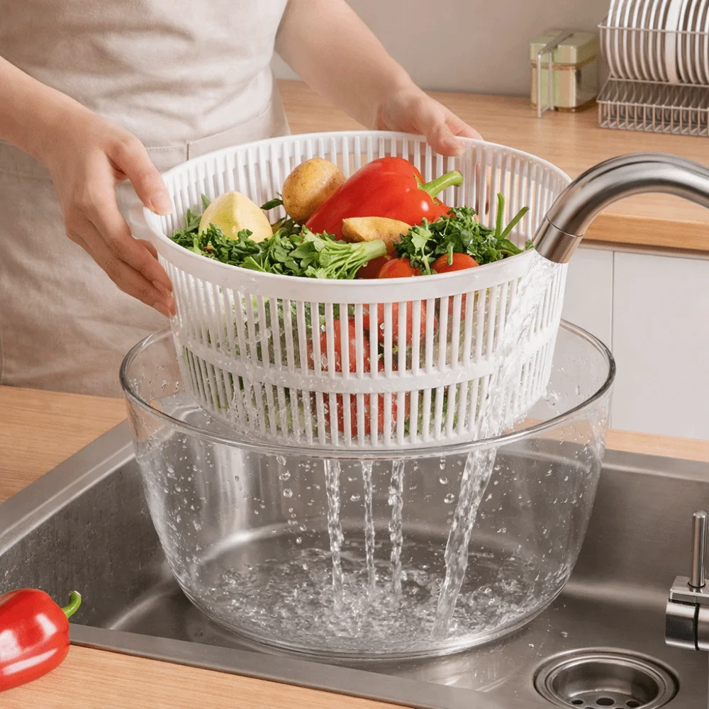 

Large Capacity Vegetable Dehydrator Rotating Semi-automatic Salad Spinner Quick Drainage Fruit Drain Basket Salad Preparation