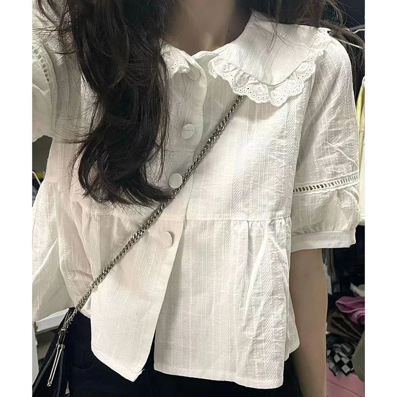 Women Sweet Shirt White Summer Peter Pan Collar Cute Crop Top Korean Fashion Chic Preppy Style Loose Short Sleeve Blouse Female