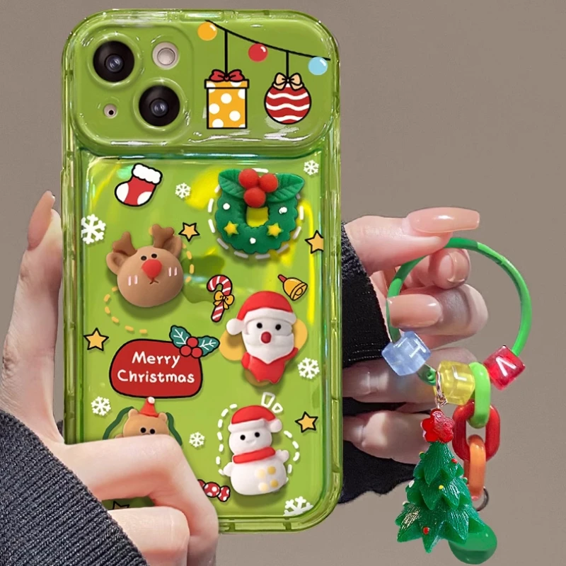 Cute Cartoon 3D Santa Claus Elk Snowman Christmas Tree Flip Mirror Phone Case For iPhone 16 Pro Max 15 14 Plus 13 12 11 8 7