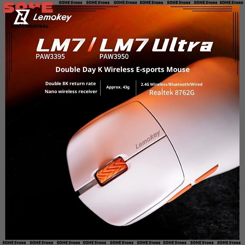 Lemokey LM7 ULTRA Dual 8K Wireless Tri-Mode Lightweight Gaming E-Sports Mouse PAW3395 TTC Golden Wheel Encoder