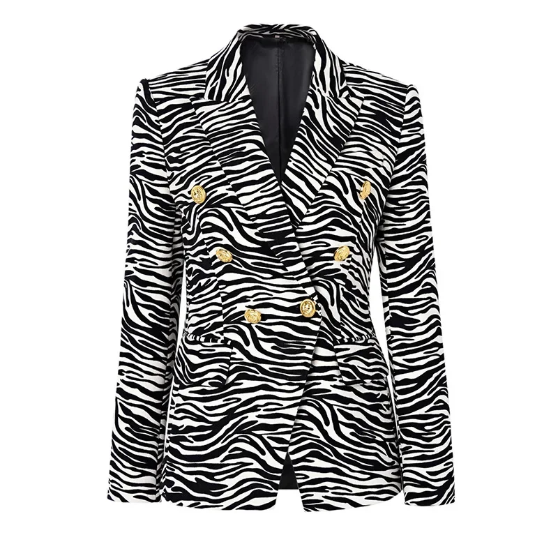 Zebra-Stripe Black Women Suit Blazer Jacket Female Office Lady Daily Work Wear V Neck Coat Double Breasted Prom Dress Outfit