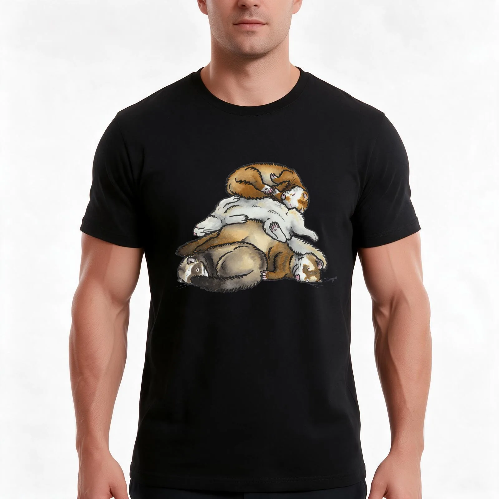 Sleeping pile of pet ferrets T-Shirt, Summer Casual Cotton Tee, Oversized Streetwear Tops, Vintage Graphic Print, 100% Cotton