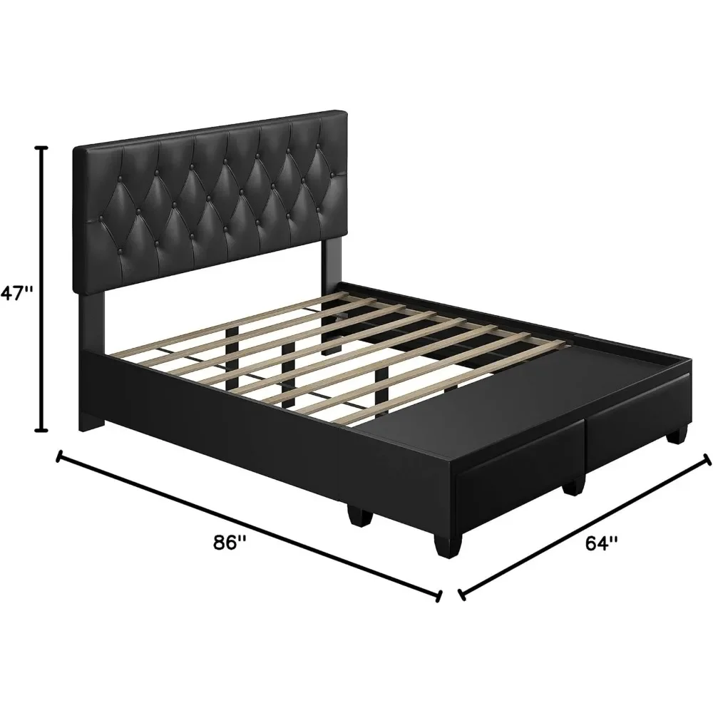 Upholstered Platform Bed Frame Mattress Foundation with Headboard,Strong Wood Slat Supports: Button Tufted Faux Leather，Black