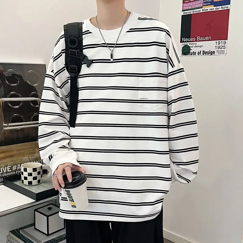 2023 New Spring and Autumn Fashion Handsome Trend Lazy Round Neck Stripe Fashion Brand Casual Loose Oversize Men's T-shirt