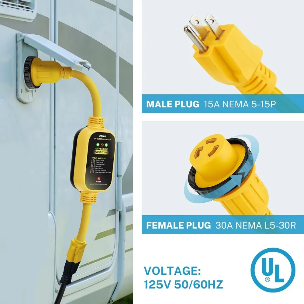 محول طاقة 30 أمبير إلى 110 فولت RV مع حماية من زيادة التيار، 8000 جول، قفل ملتوي ومحلل الدائرة لمقطورة سفر التخييم