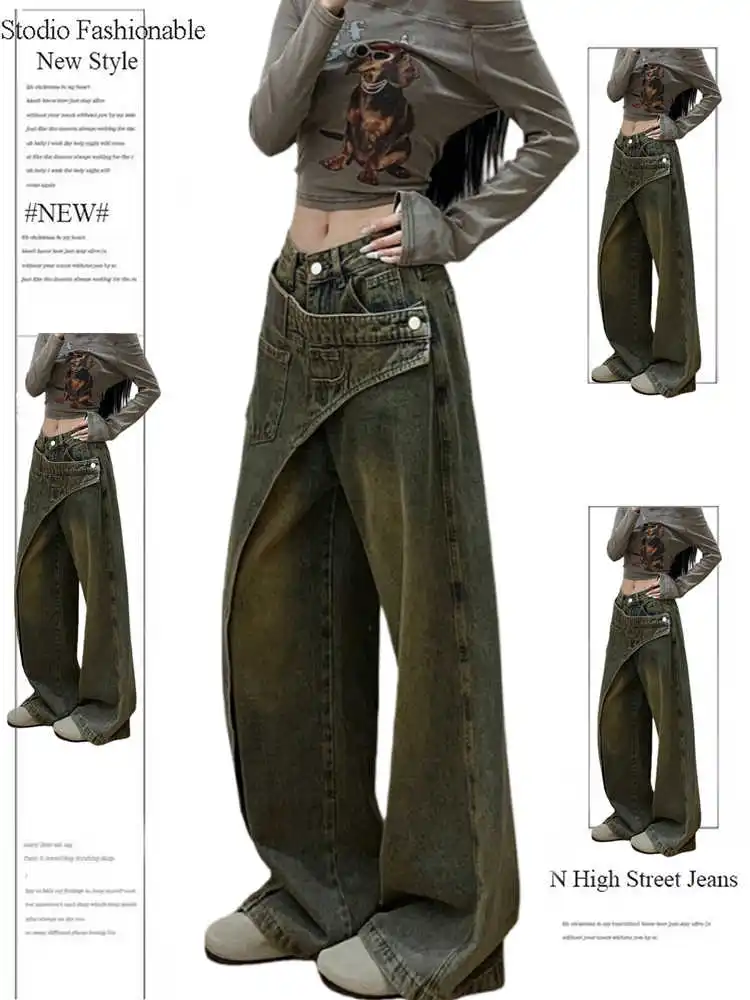 

Женские мешковатые джинсы в американском стиле ретро, джинсовые брюки Goblin Core Y2K, дизайнерские ковбойские японские бойфренды, High Street, Harajuku, кибер-панк