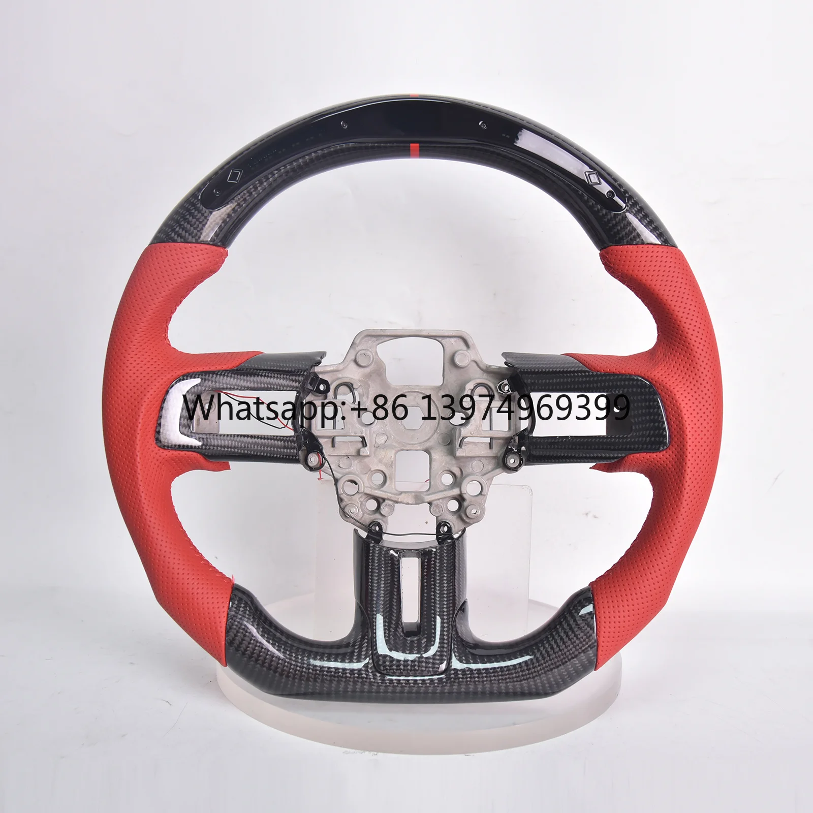 Carbon Fiber Steering Wheel for Ford Mustang GT/GT350/GT350R 2018-2021, LED Display D-shape Flat-bottom Red Leather Grip