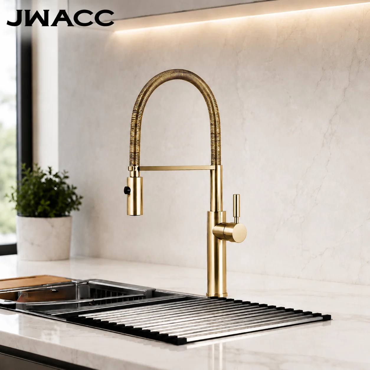 brushed gold, brass, kitchen faucet, single lever, pull out, spring spout, 360° swivel, hot cold water, 1 hole, sink mixer tap