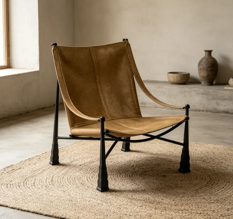 #Rustic Tan Sling Chair with Metal Legs, Mid-Century Inspired Sling Seat, Statement Piece for Casual Spaces