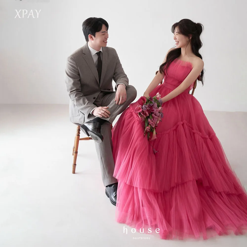 

XPAY Princess Scalloped Pink Korea Wedding Party Dresses Ruched Pleats Tulle Customized Corset Floor Length Bride Party Gown