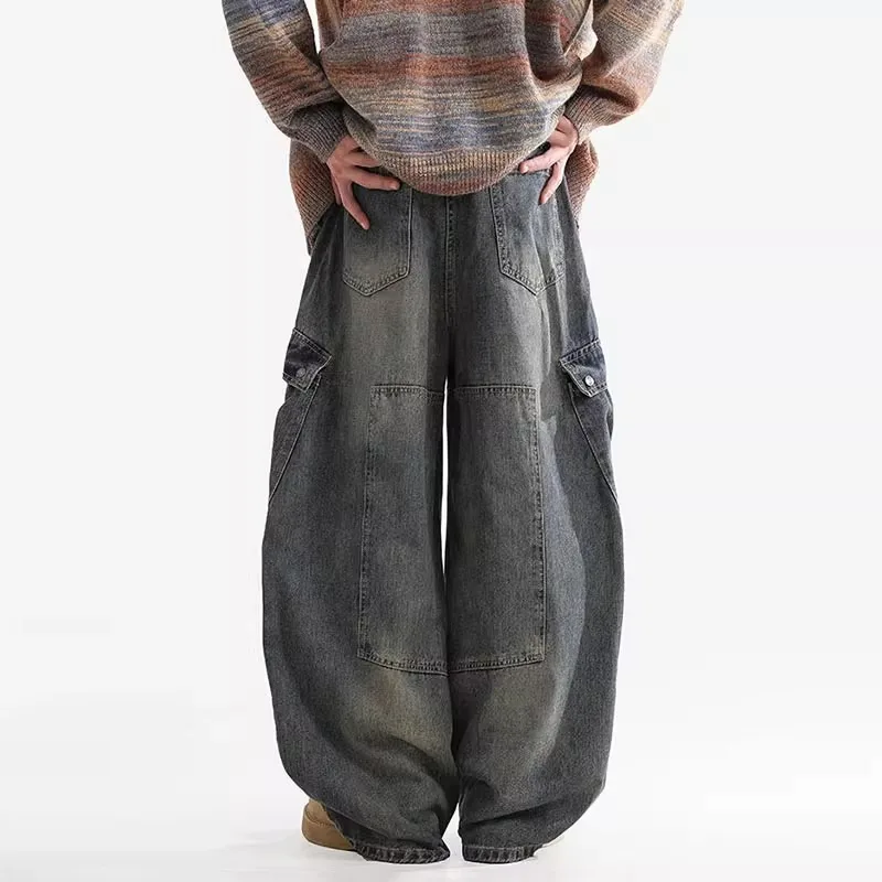 KIDWHXR Herren Cargo-Hose Vintage High Street Kontrastfarben Gewaschene Denim-Hose Retro Loose Fit Mittlere Taille Taschen Herrenhose – Detail 6