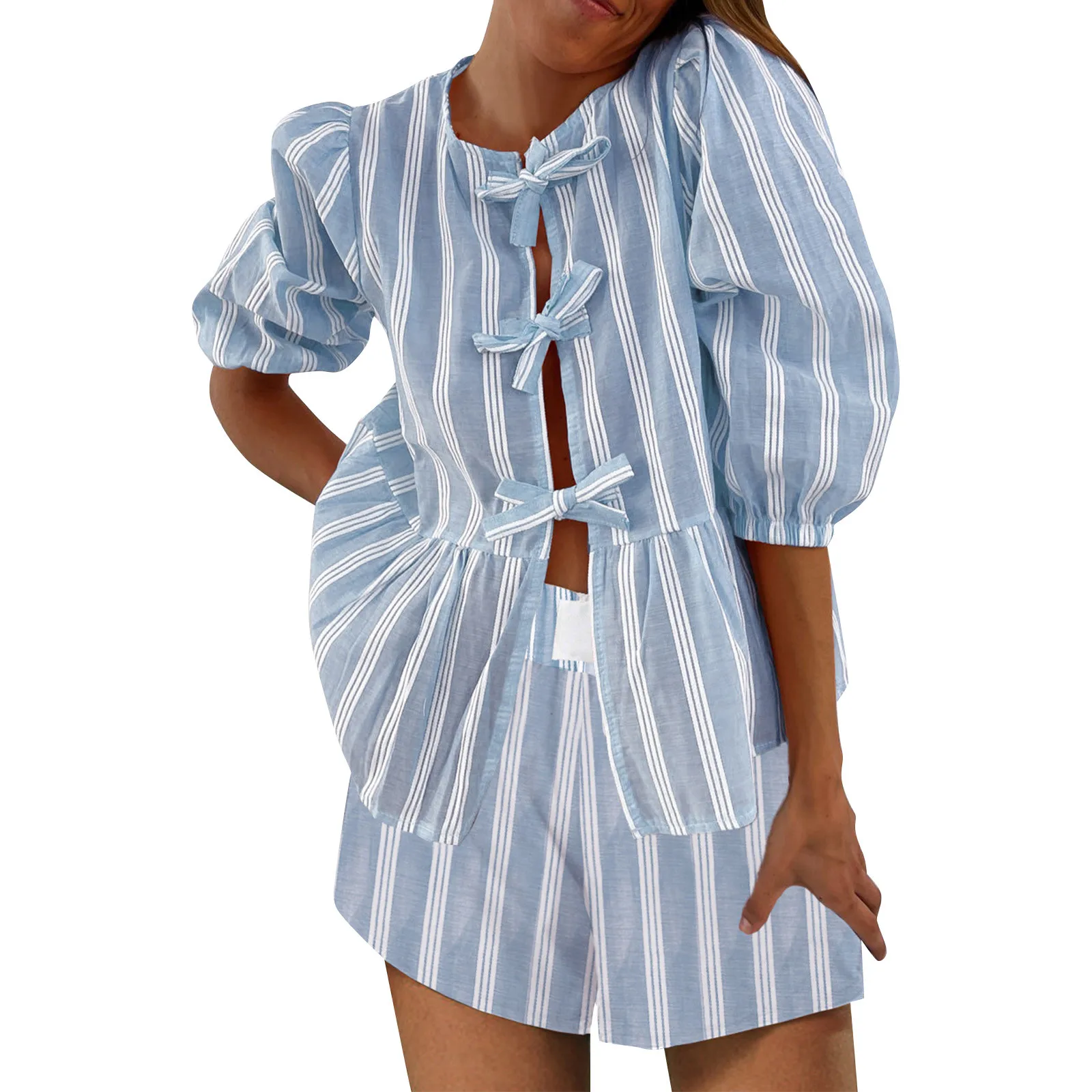 Casual Stripe Shirt Shorts Sets Women Loose Bow Lace Up Hollow Out Long Lantern Sleeve Female Suit 2024 Summer Beach Lady Set