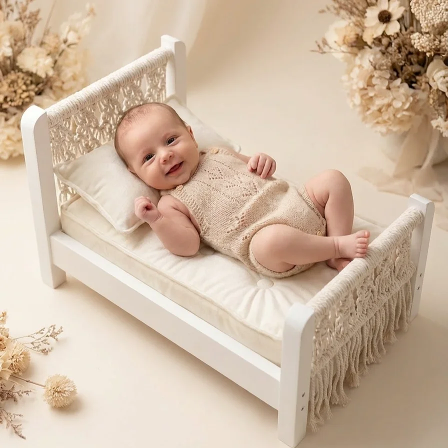 Newborn Photography Props Mini Wooden Bed, Baby Photo Shoot Furniture, Boho Rope Woven Detachable Bed for Studio Shooting