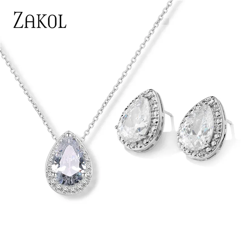 ZAKOL Shinny White Water Drop Cubic Zirconia Jewelry Sets for Women Bridal Wedding Teardrop Earrings Necklace Bracelet Set