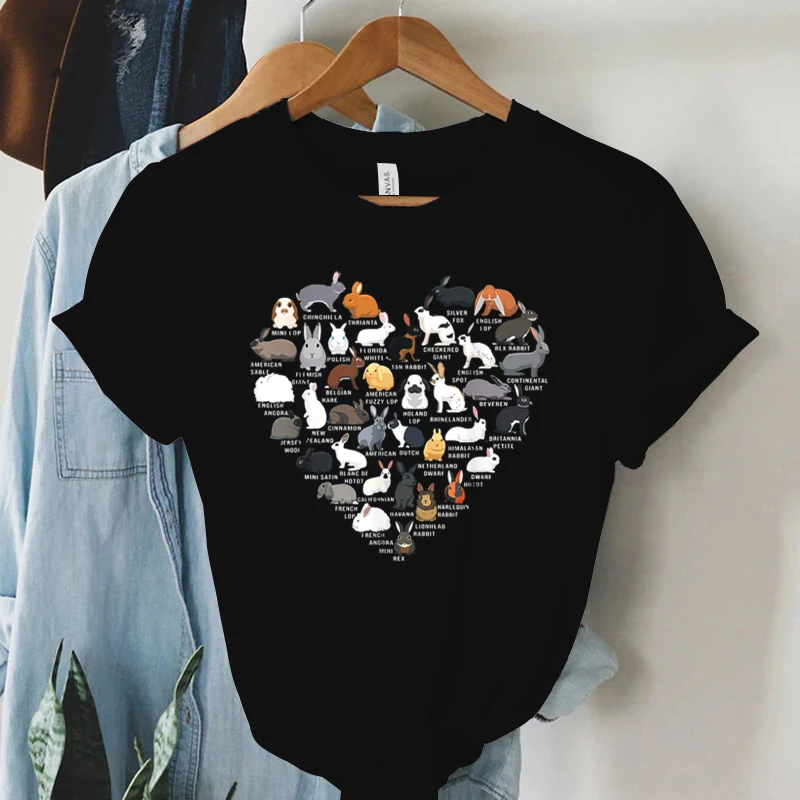 Love Bunnies Funny Rabbit Heart T-shirt Female Summer Round Neck Rabbit Print T-shirt Bunny Casual Daily Basic Short Tops Women