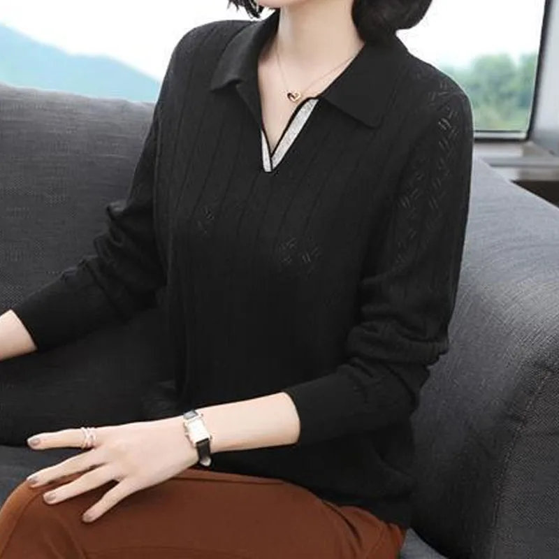 Fashion Simplicity Long Sleeve Loose Sweaters Office Lady Casual Polo-Neck Button Patchwork Knitted Pullovers Women\'s Clothing