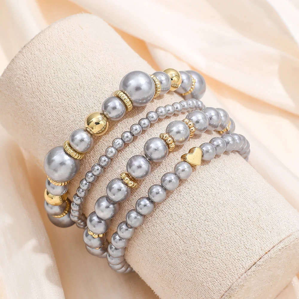 New 4Pcs Love Heart Pearl Bracelet Set for Women, Handmade Beaded Fashion Trendy Bracelet Set